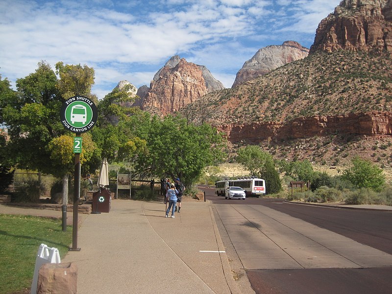 Zion shuttle bus stops are marked with numbers