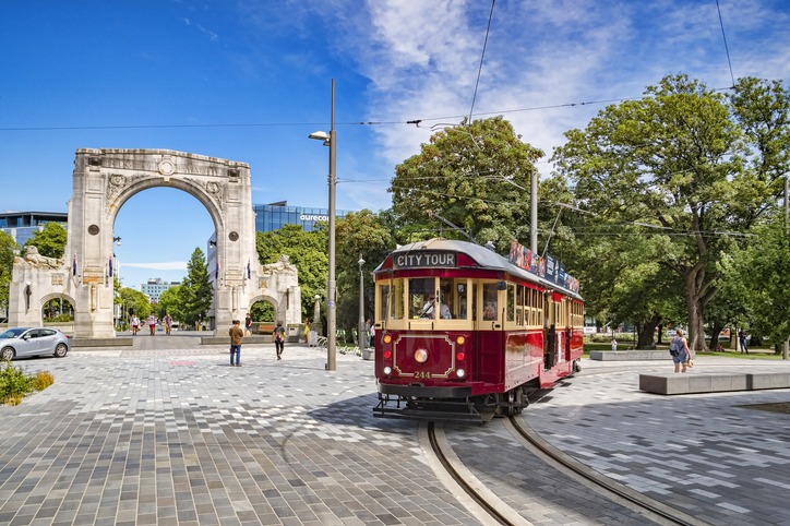 Christchurch, New Zealand, Vintage Tram and Bridge of Remembrance