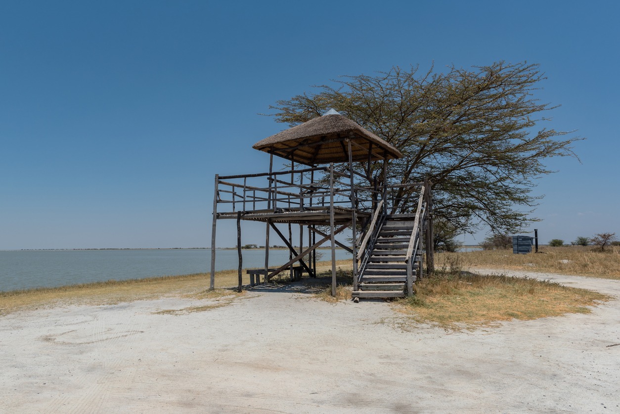 an observation tower at the Sua Pan's banks