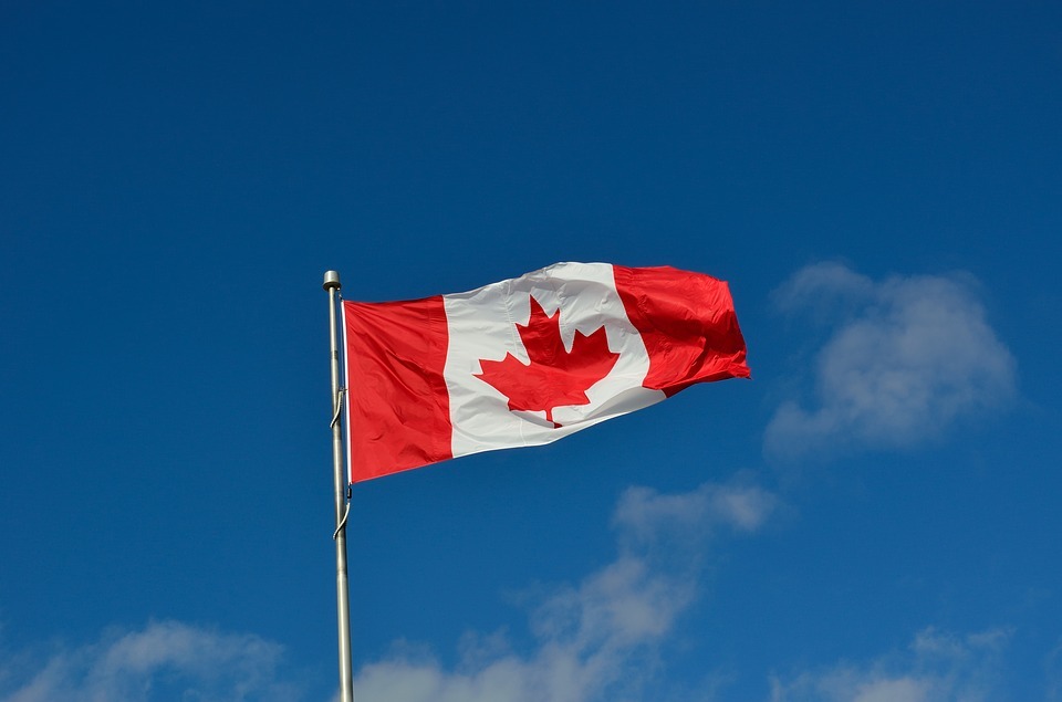 pole, Canadian flag, blue sky, clouds