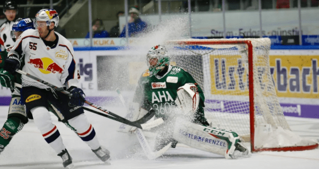 Picture of grown adult players playing ice hockey