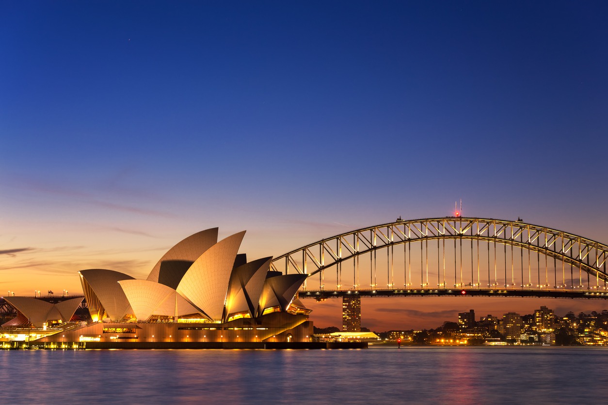 Beautiful Opera house view at twilight time with vivid sky and illumination on the bridge